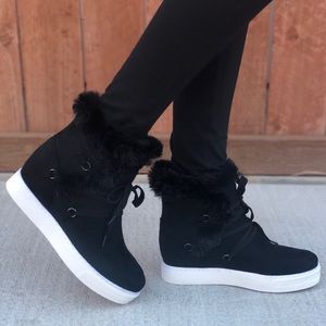 Black Stylish Lace Up Fur Wedge Sneakers